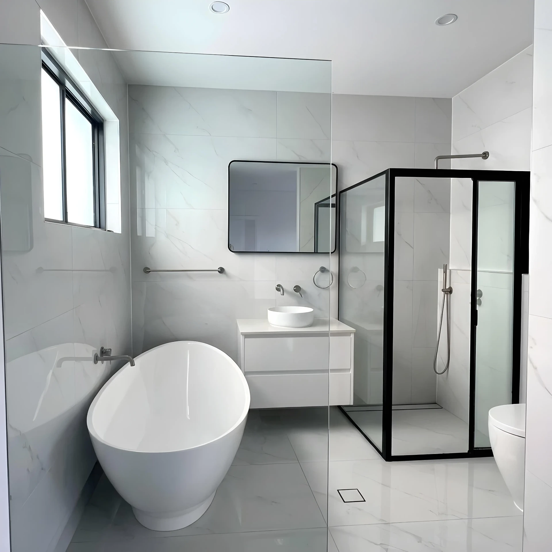 Modern marble bathroom with freestanding bath and black-framed shower