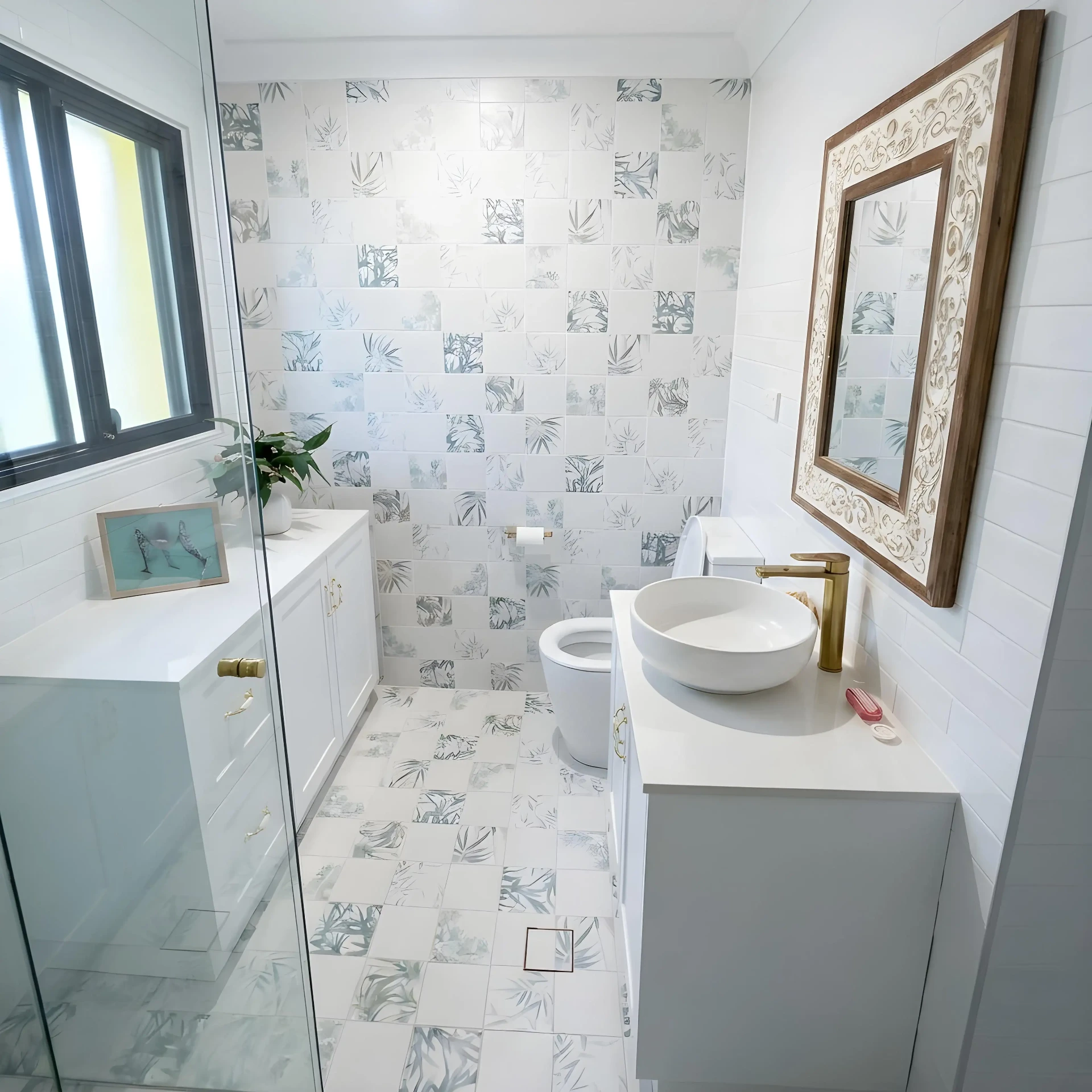 Botanical patterned tile bathroom with brass tapware
