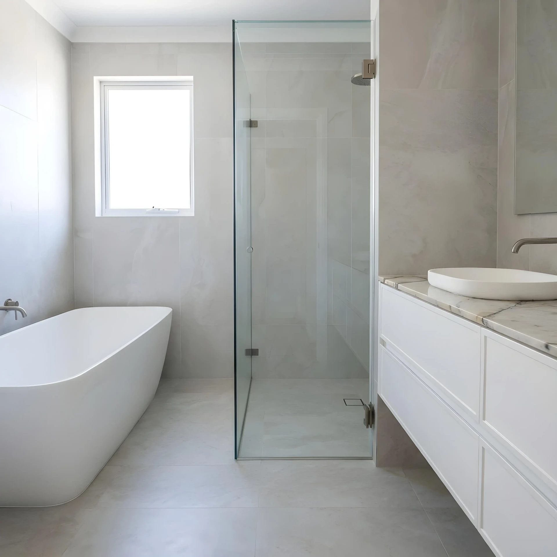 Contemporary bathroom with travertine tiles and frameless shower