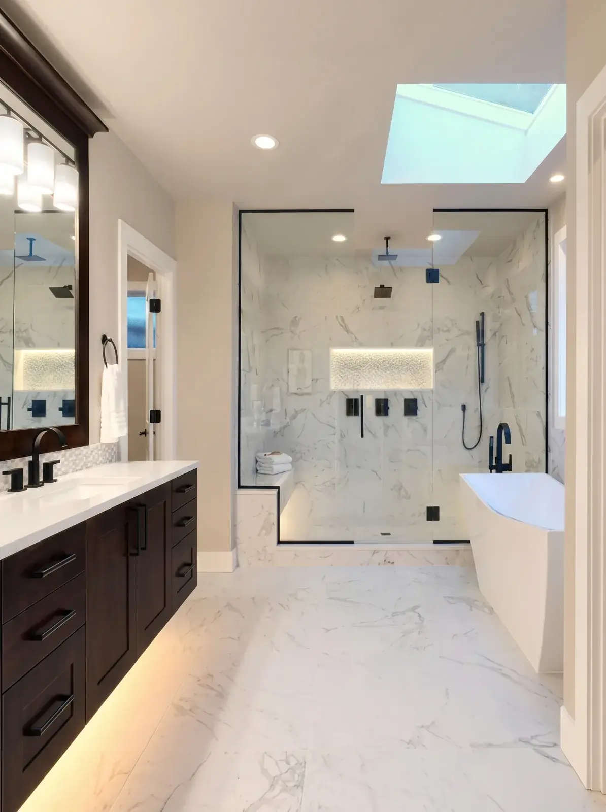 Modern marble bathroom with freestanding tub, walk-in shower and floating dark vanity